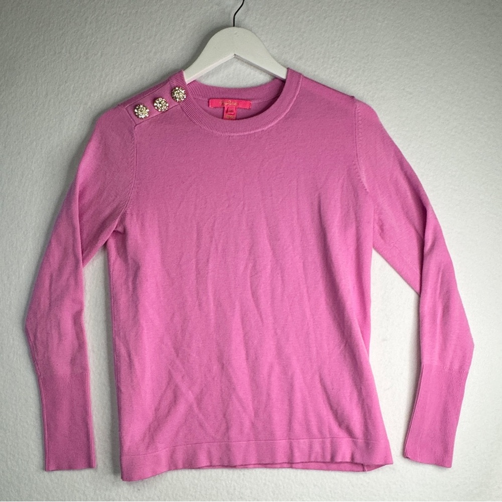 Lilly Pulitzer Pink Crewneck Long Sleeve Sweater with Glitter Buttons, US XS